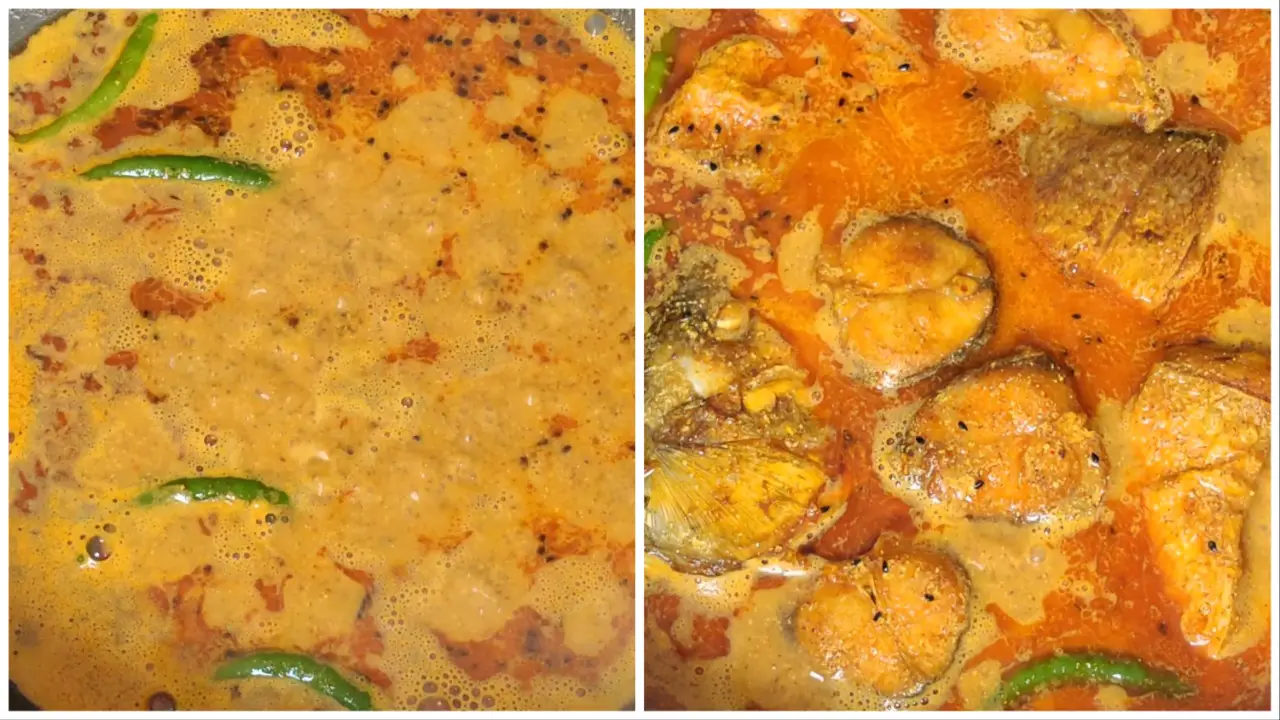 adding the fish pieces in the gravy