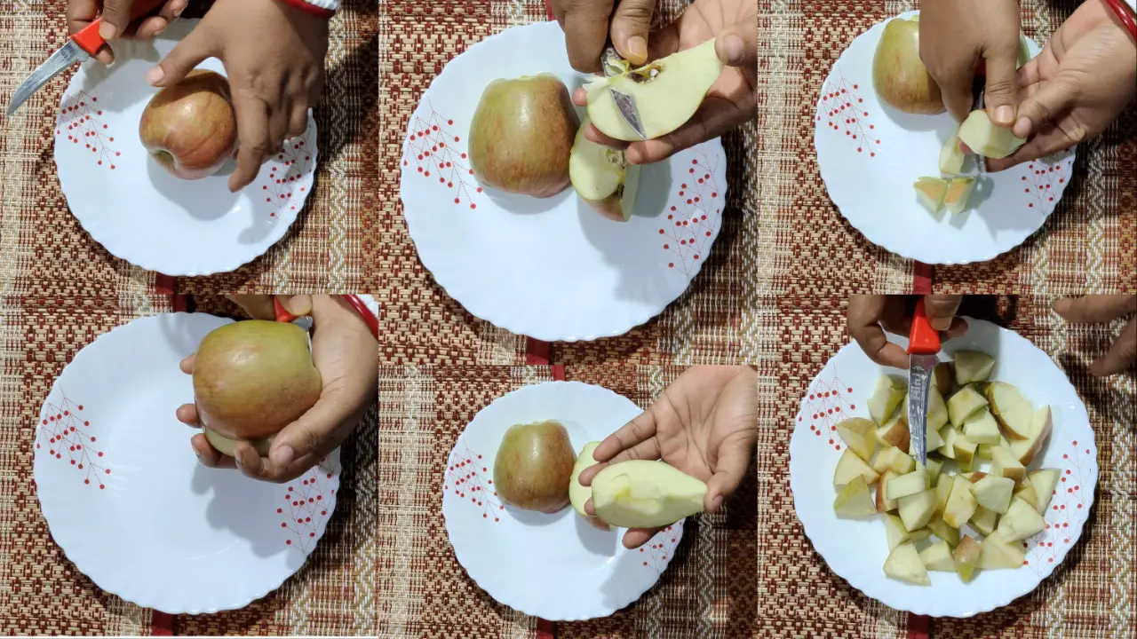 Cutting apple and adding salt step by step image