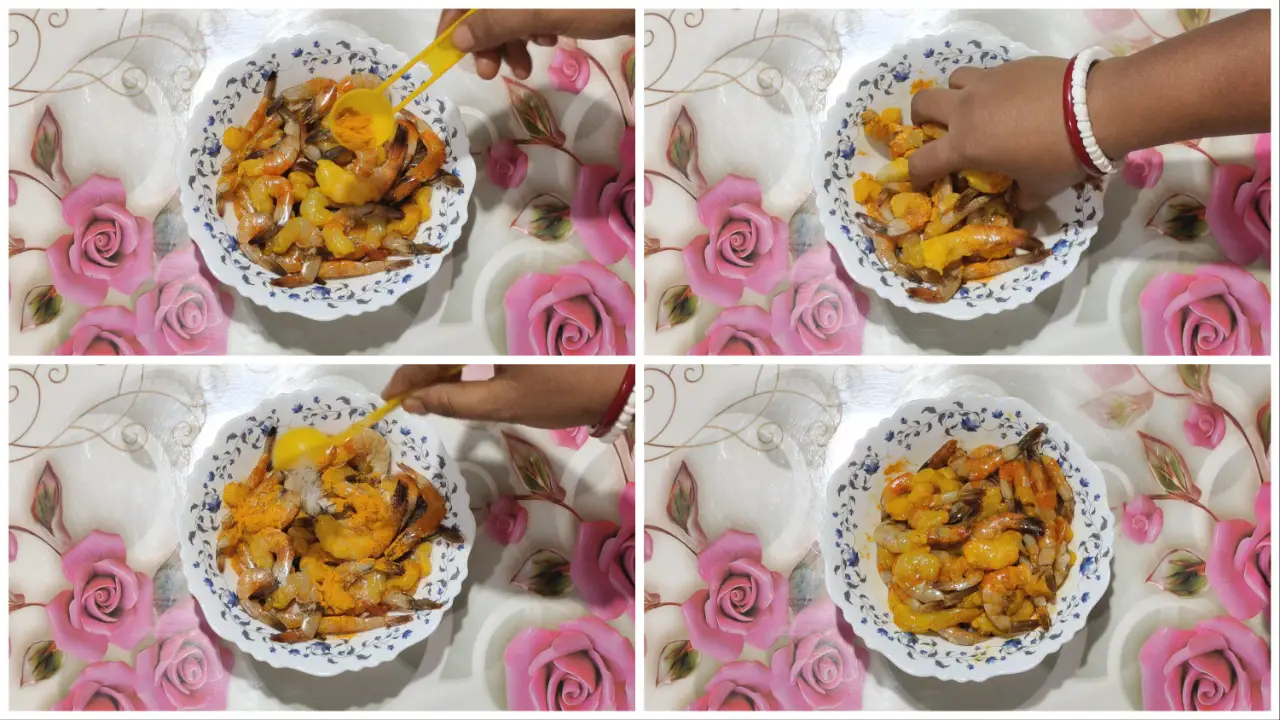 Marinate prawns with salt and turmeric powder