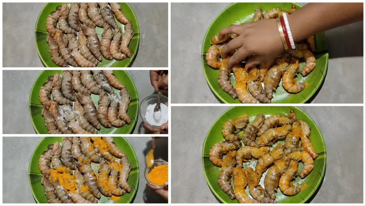 Adding salt and turmeric powder to the prawns to marinade