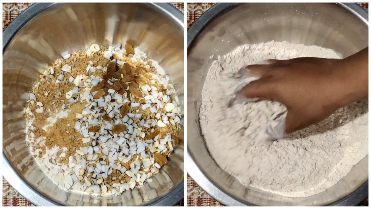 Mix chopped jaggery, coconut, dry fruits, fennel seeds and salt to whole grain flour