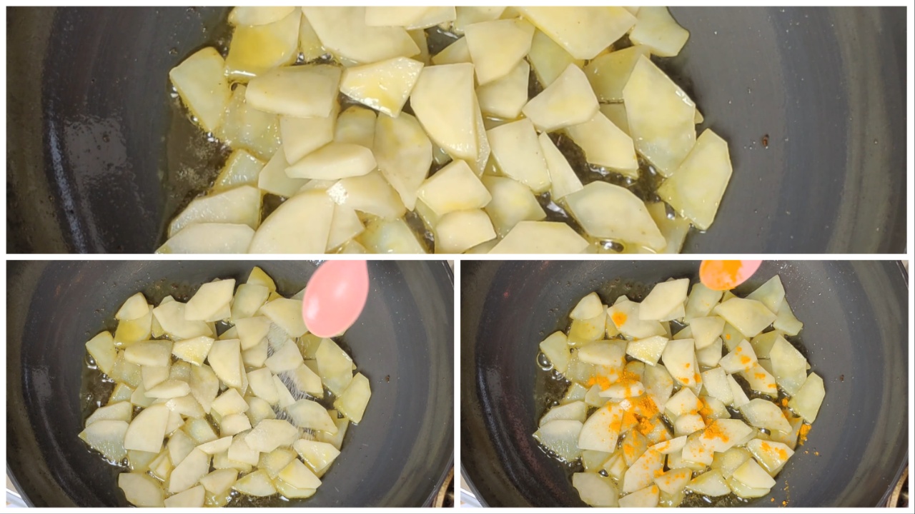 Fry the potato slices in same oil and add some salt & turmeric into it step by step