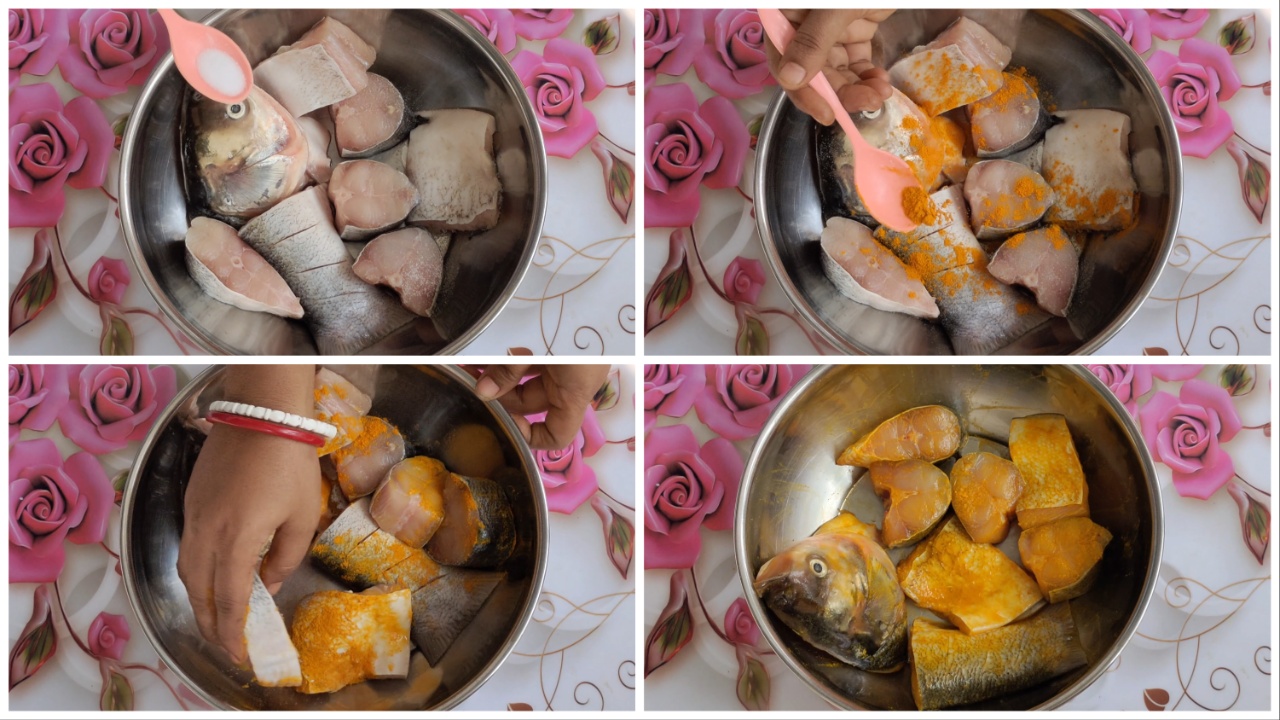 Marinate the fish with salt and turmeric powder step by step image