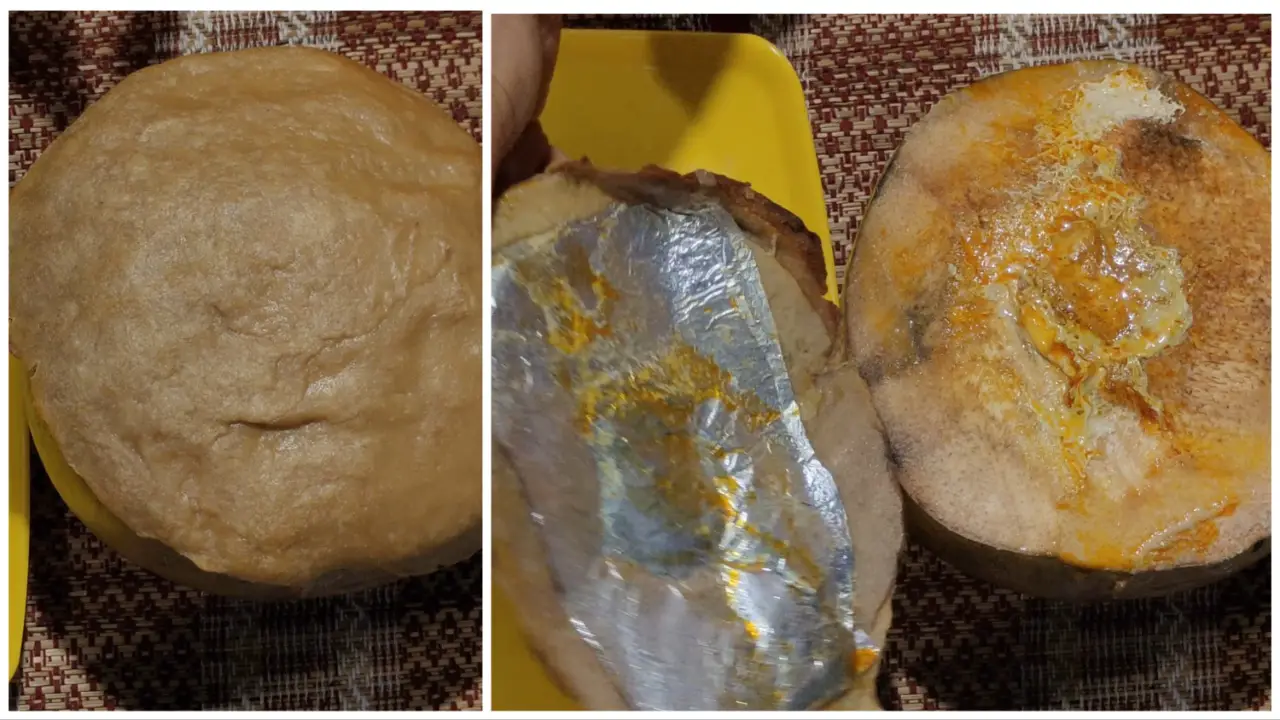 Take out the green coconut and remove the dough and aluminium foil