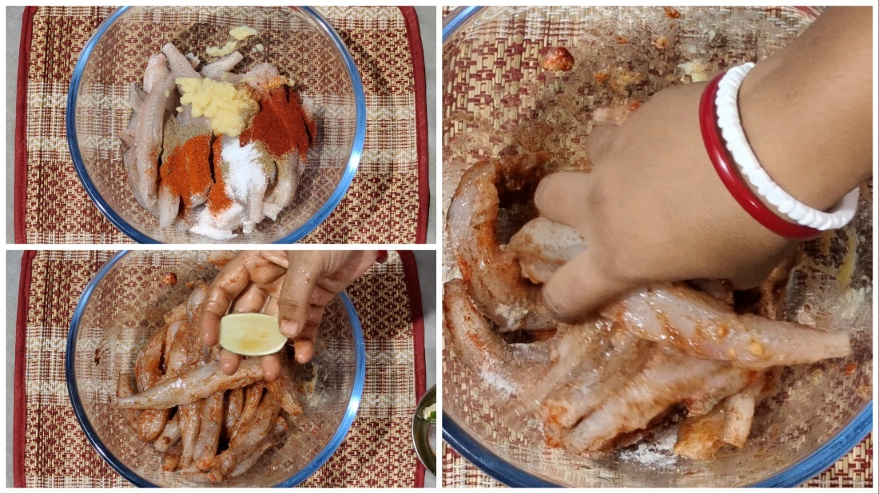 Adding ginger-garlic paste, lemon juice, salt and all the spices to the Bombay Duck fish and mix well step by step Image