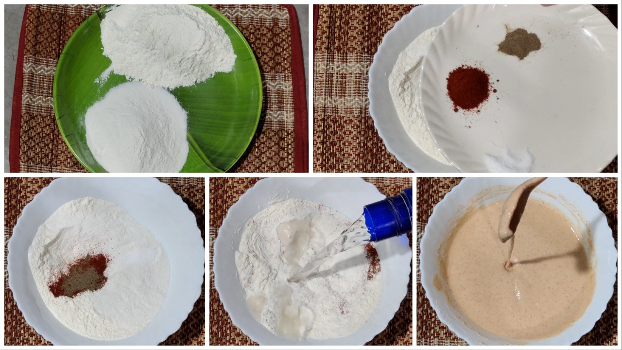 In a separate bowl make batter with white flour and rice powder flour step by step image
