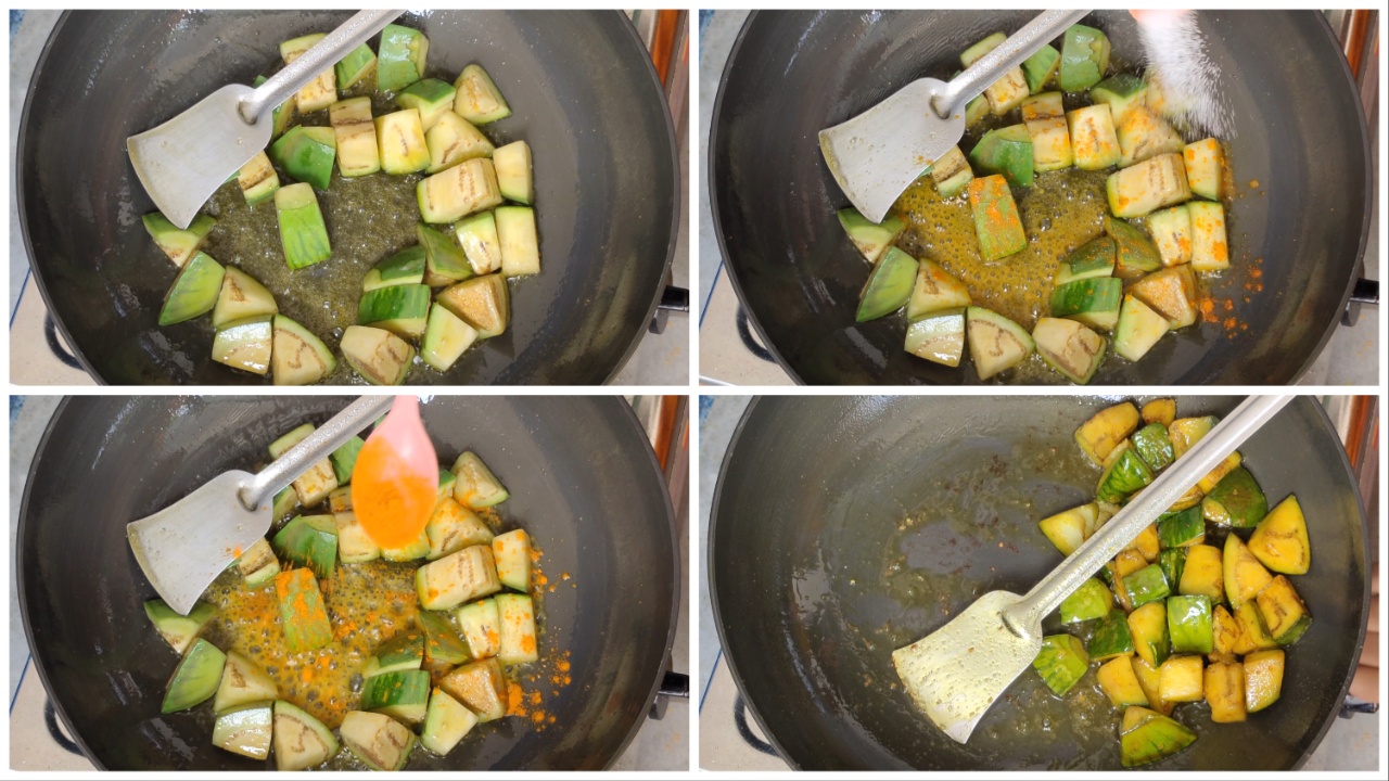 Adding eggplants, salt and turmeric powder to the oil step by step image