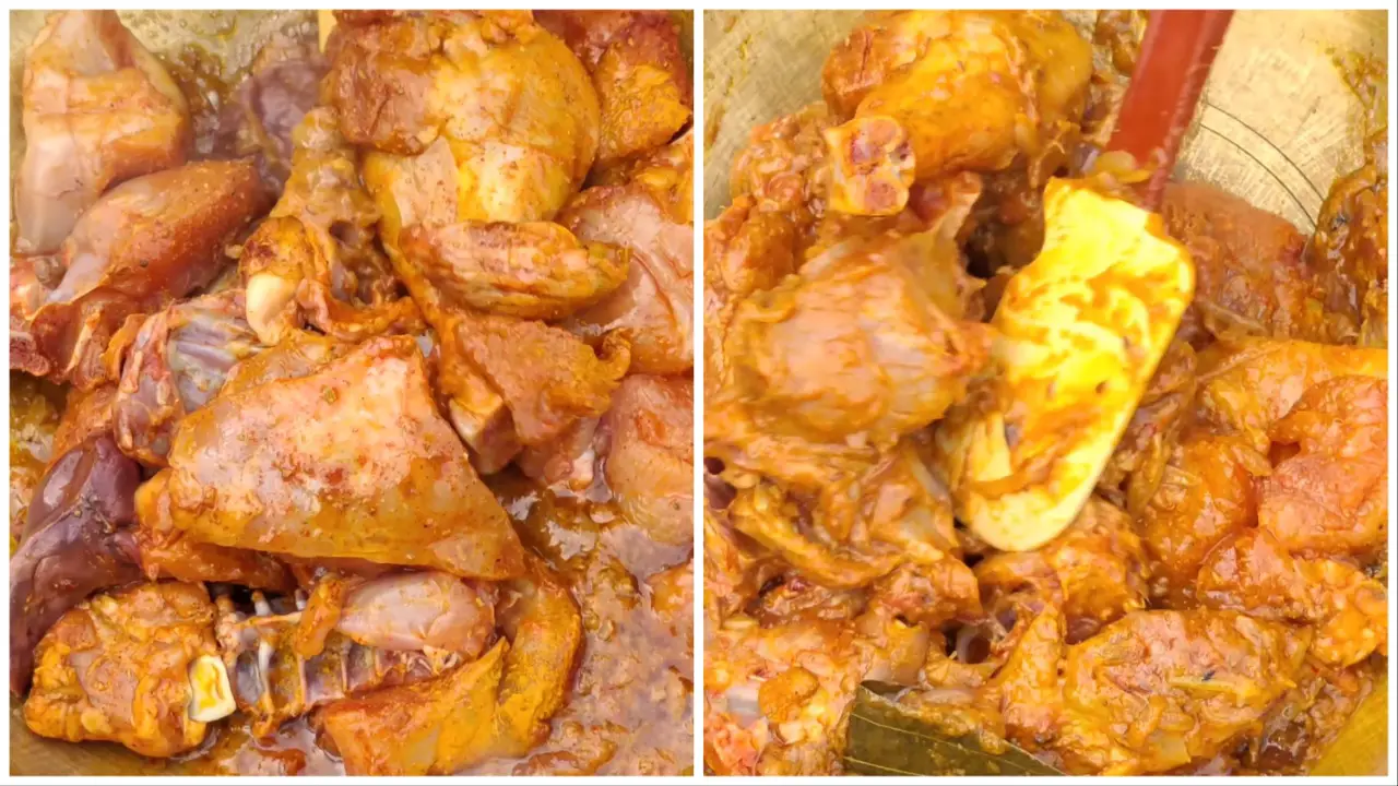 Adding chicken pieces and stirring