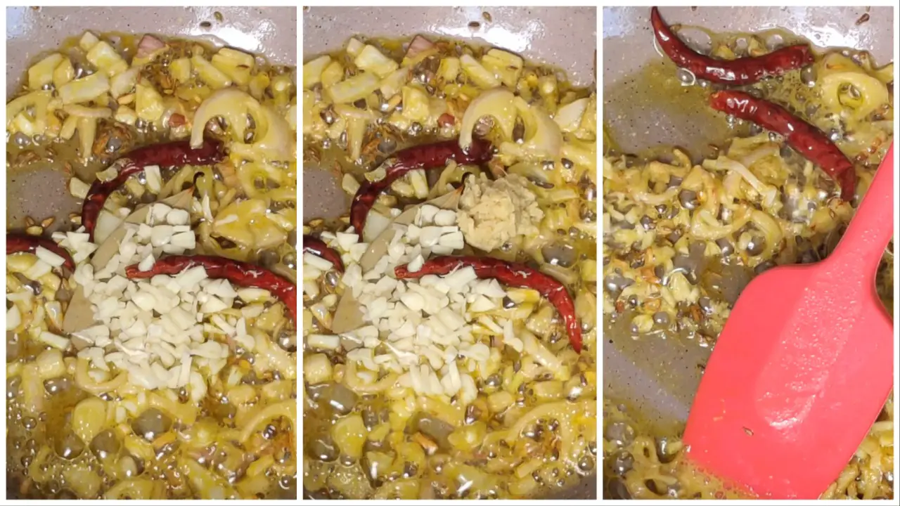 Adding chopped garlic and grated ginger and Sautéing them step by step image