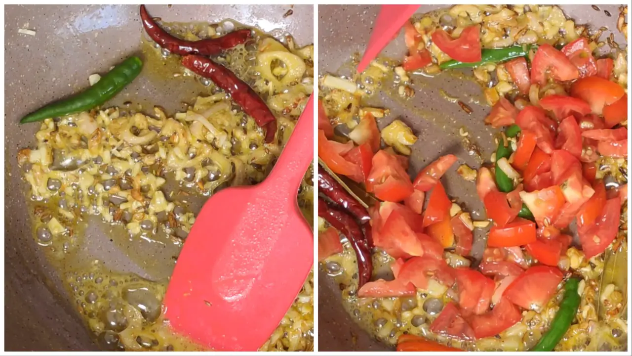 Adding green chillies and sliced tomatoes