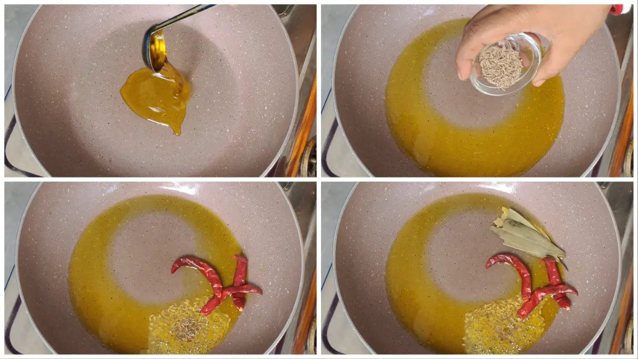 Adding dry red chillies, cumin seeds and bay leaves to hot mustard oil in kadai