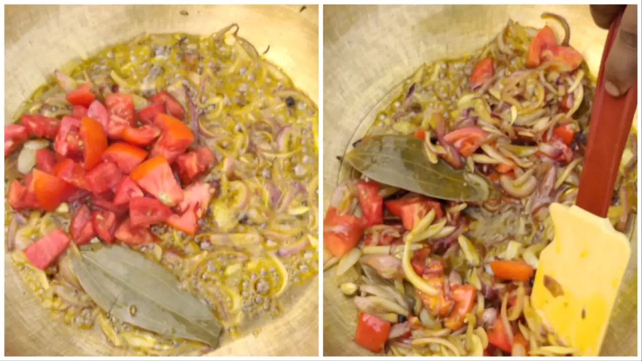 Adding chopped tomatoes and some salt and Sautéing