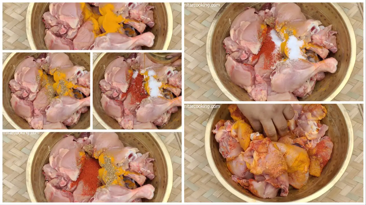 Marinade chicken with turmeric powder, red chili powder, roasted garam masala, salt and mustard oil step by step image