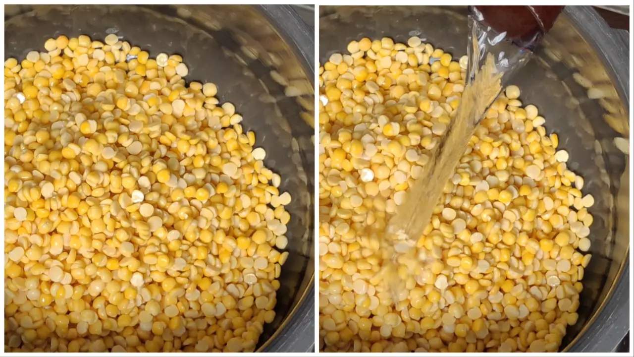 Add the soaked matar dal in a pressure cooker and add water into it