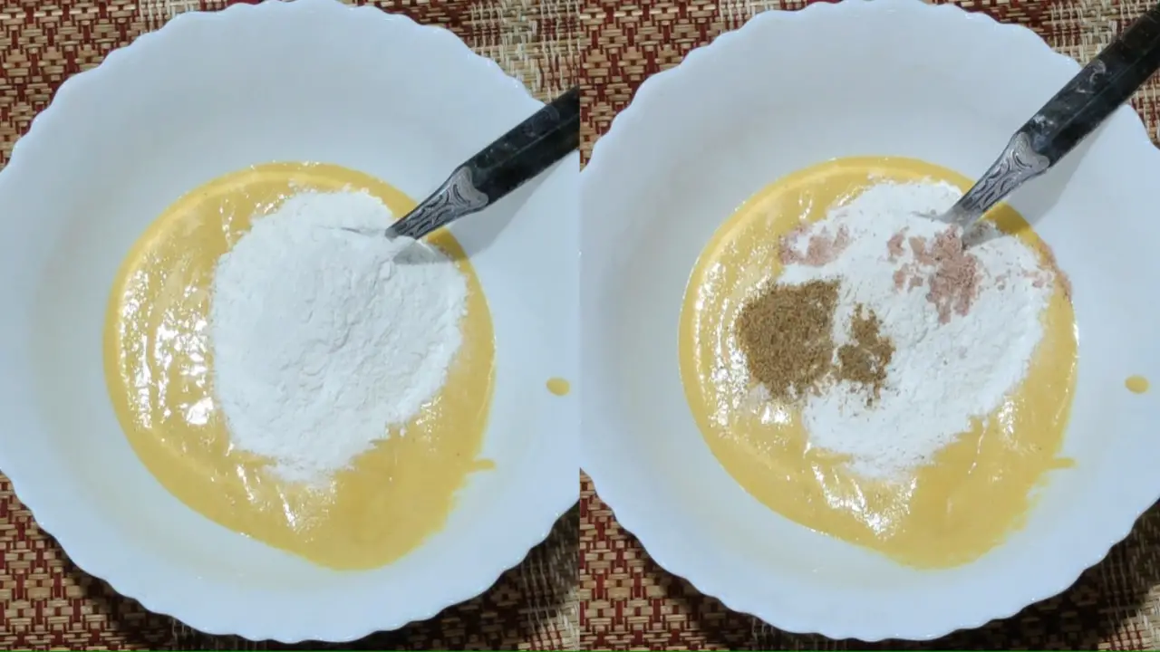 Add rice flour, rock salt and chat masala to the besan batter