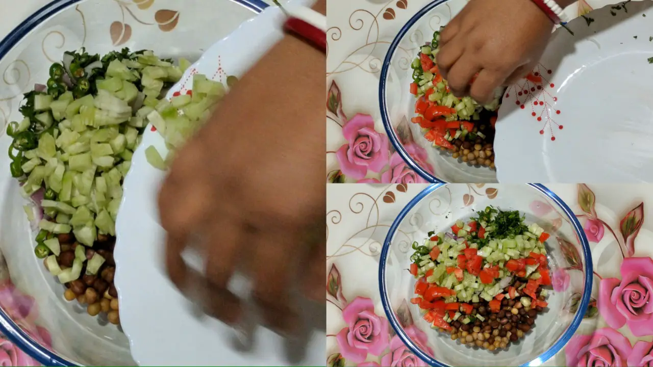 Adding all the chopped ingredients such as onion, coriander leaves, cucumber, tomato, and green chilis