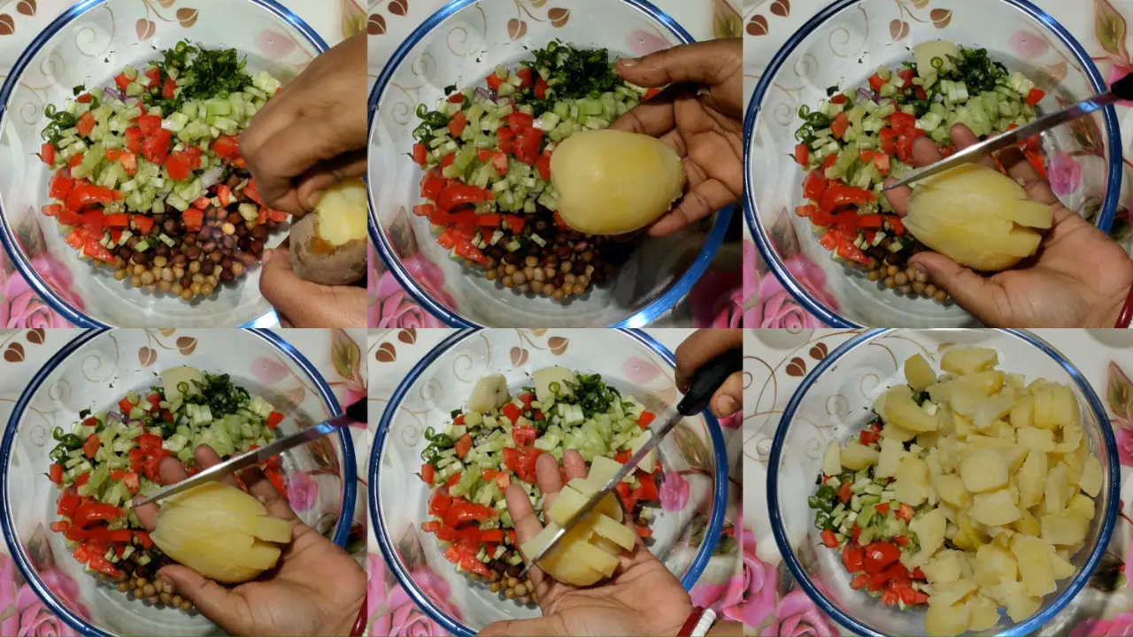 Peeling the boiled potatoes and adding them