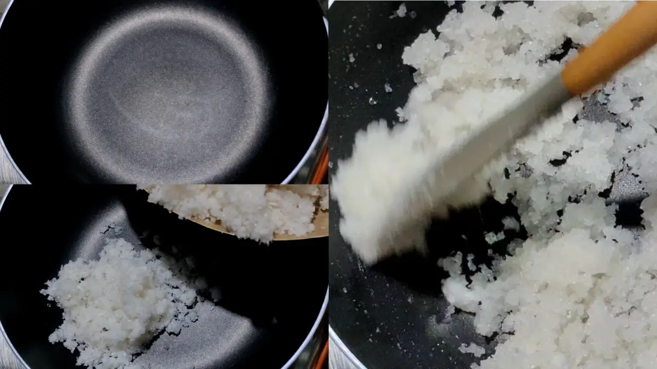 Adding coconut mixture to the wok and stirring