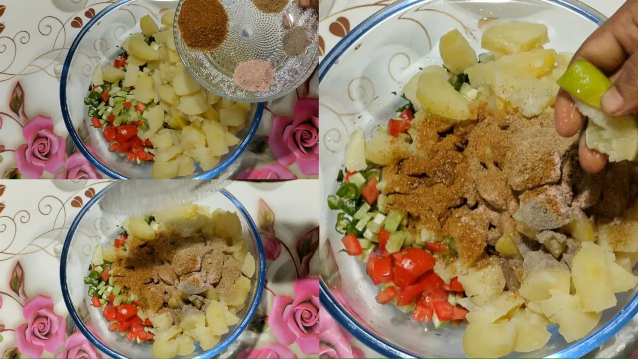 Adding rock salt powder, chat masala, roasted cumin powder, and black pepper, one by one and Squeeze lemon juice above