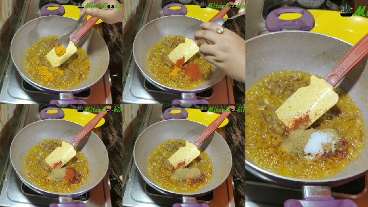 Adding turmeric, red chili powder, coriander, cumin powder, and pinch of salt to the preparation
