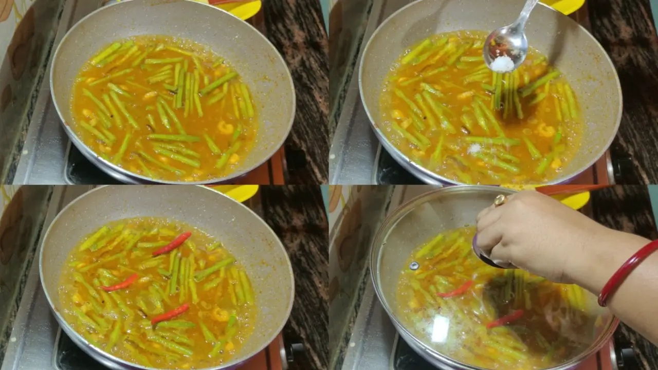 Adding a little bit of salt, three-slit green chilis and covering lid