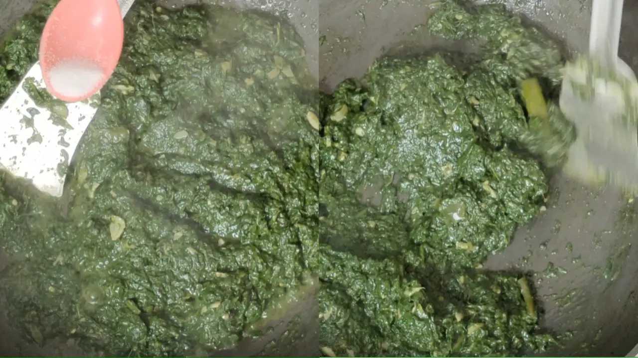 Adding salt and mixing with mashed greens