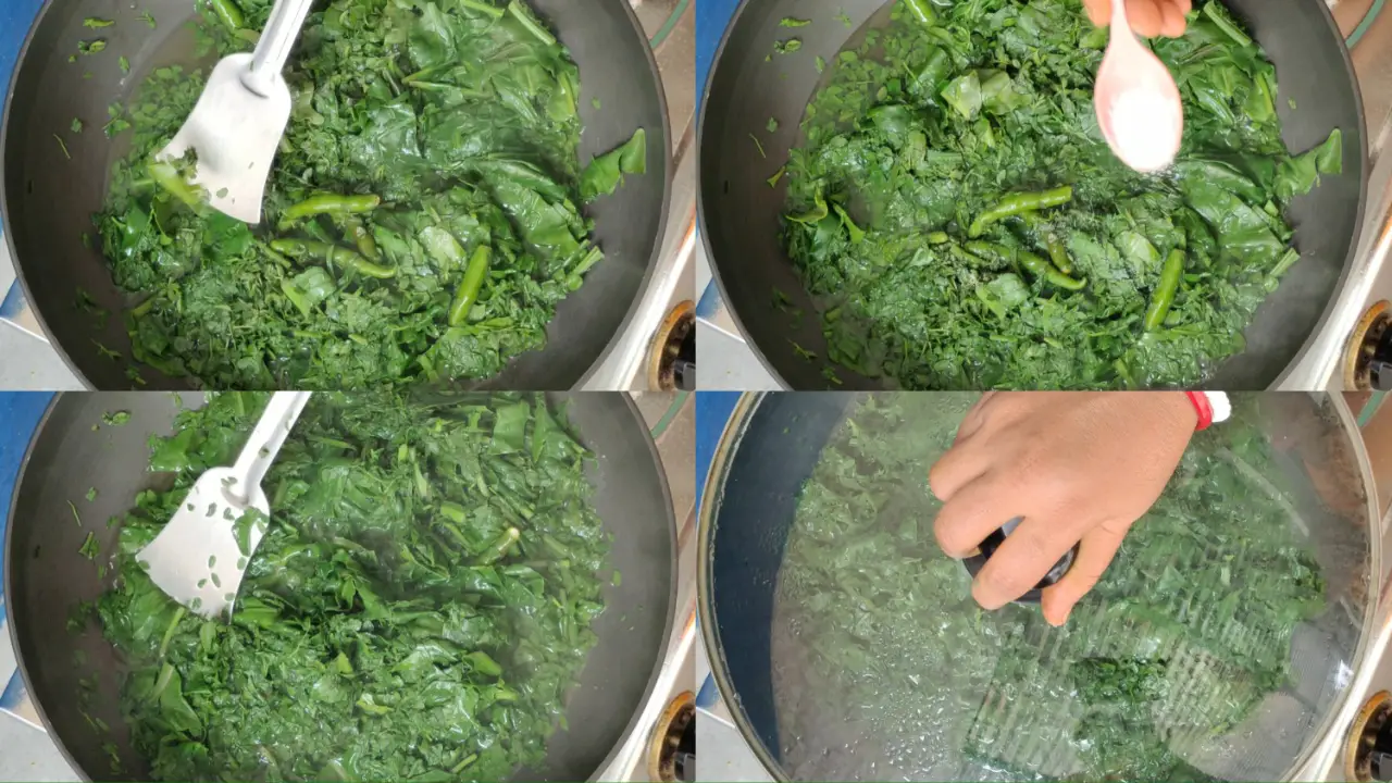Adding salt to the greens and covering with lid