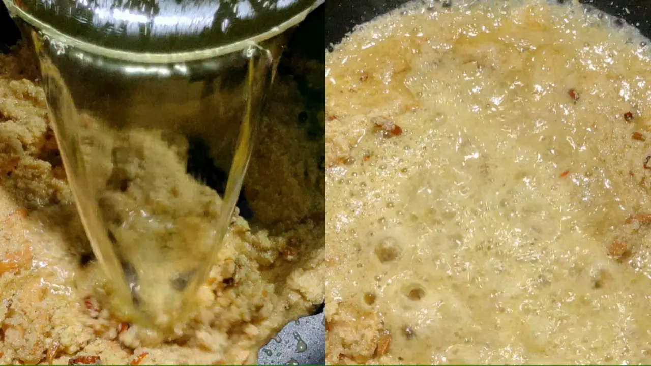 Adding water mixture in the semolina