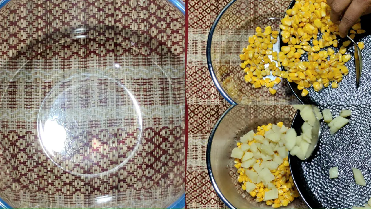 Adding boiled corn and potatoes to a bowl