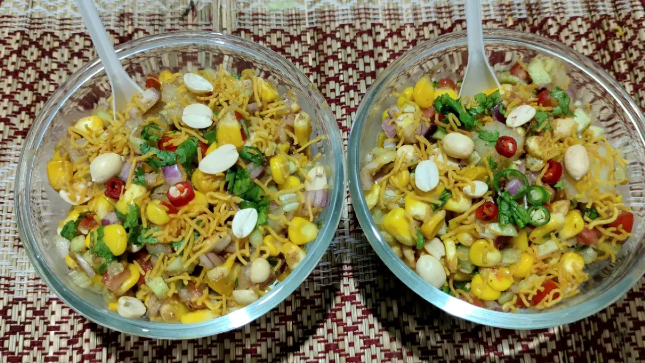 Transferring Corn Chaat to a bowl