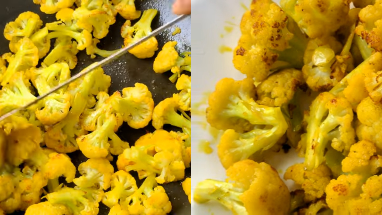 cauliflower florets are fried and transferring it to a plate