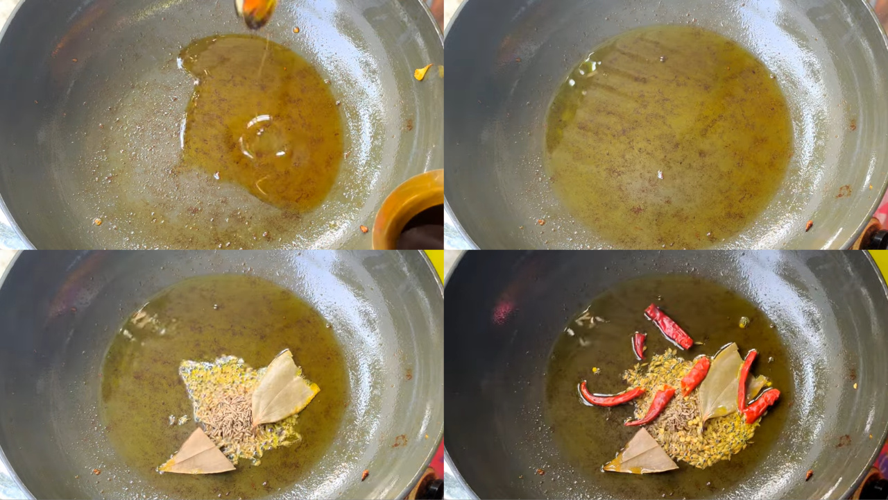 Adding mustard oil, the whole spices such as cumin seeds, bay leaf, and 2 dried red chilies