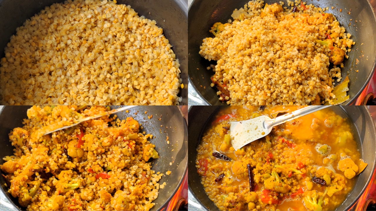 Adding parboiled red lentils (masoor dal) to the masala and mixing