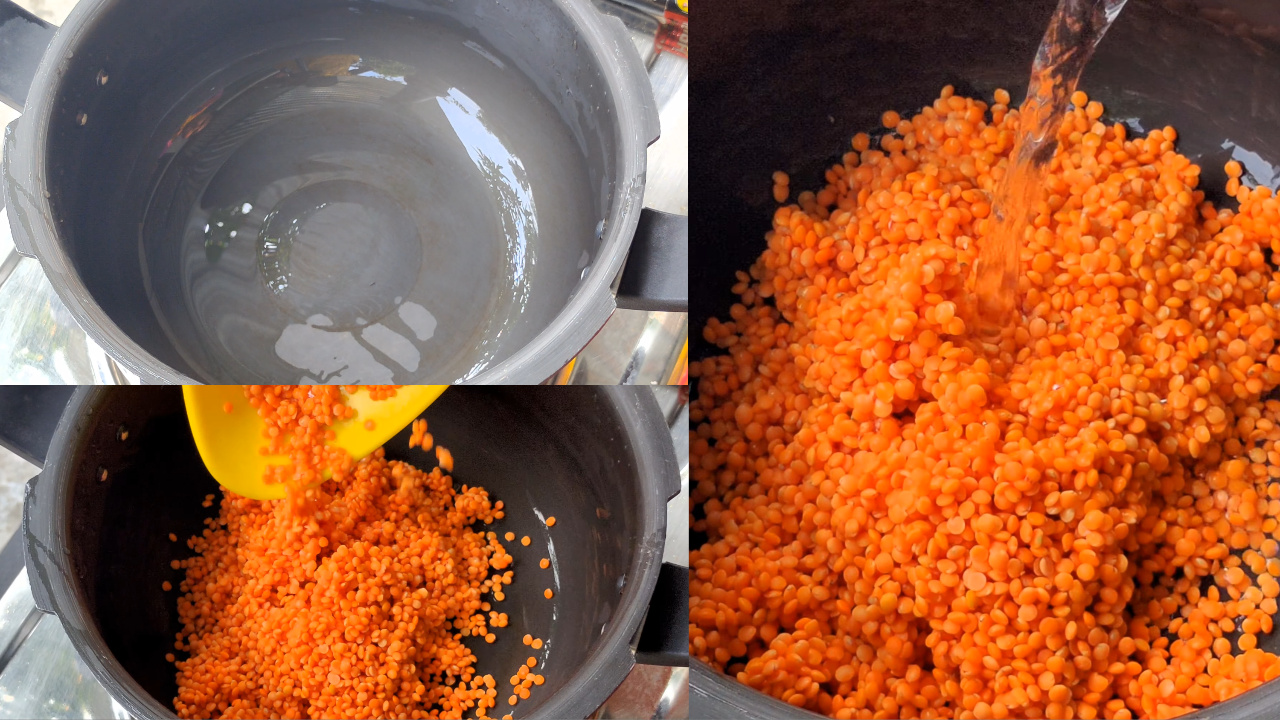 Adding the red lentils to the pressure cooker