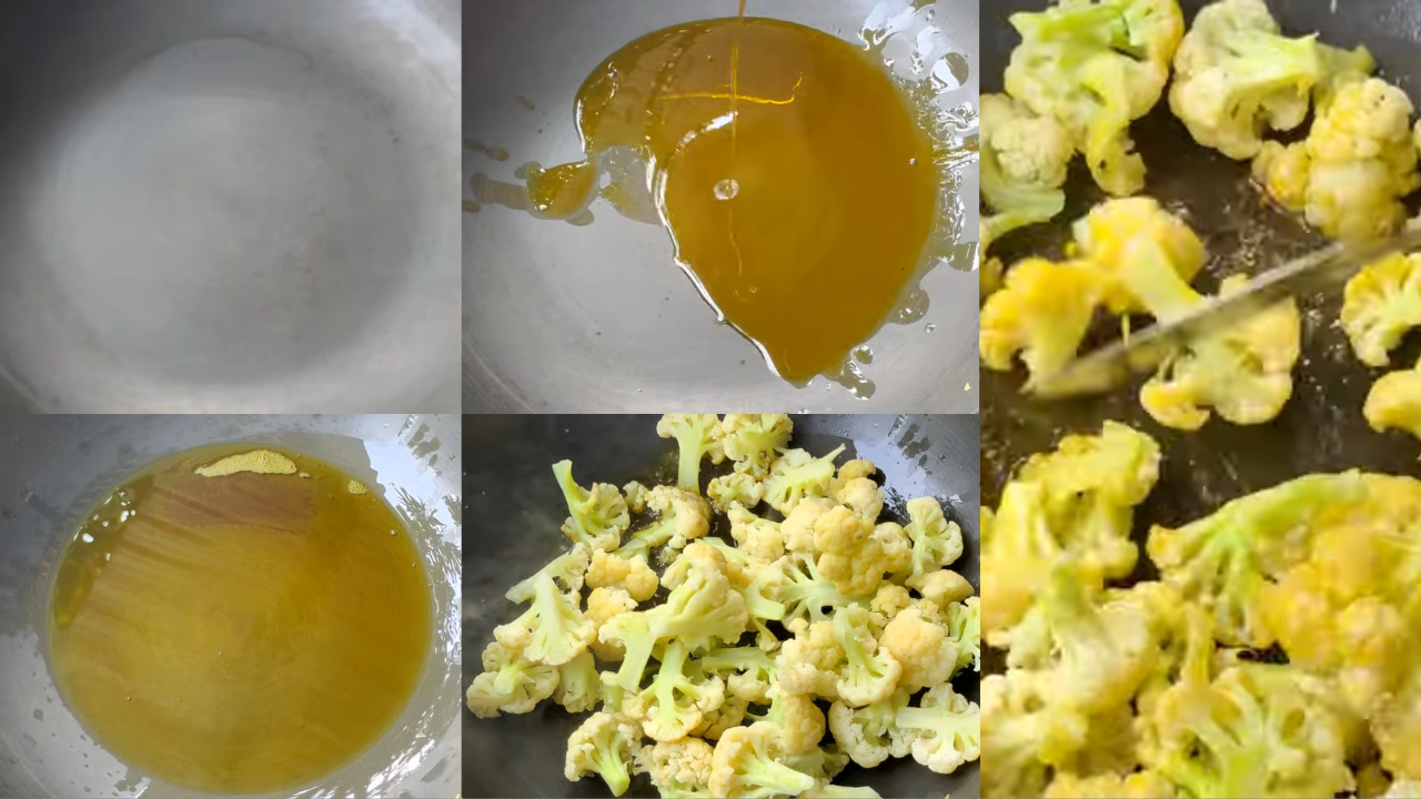 Adding oil and frying cauliflower