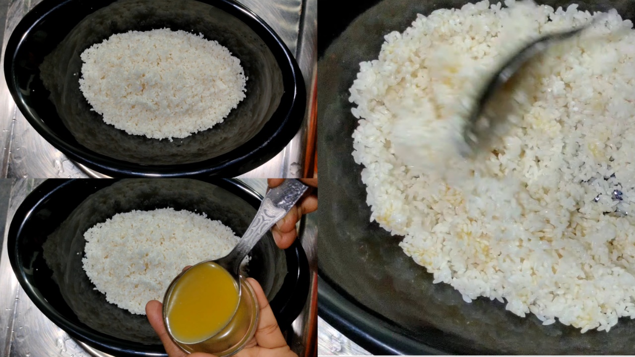 Adding ghee to the rice and mixing