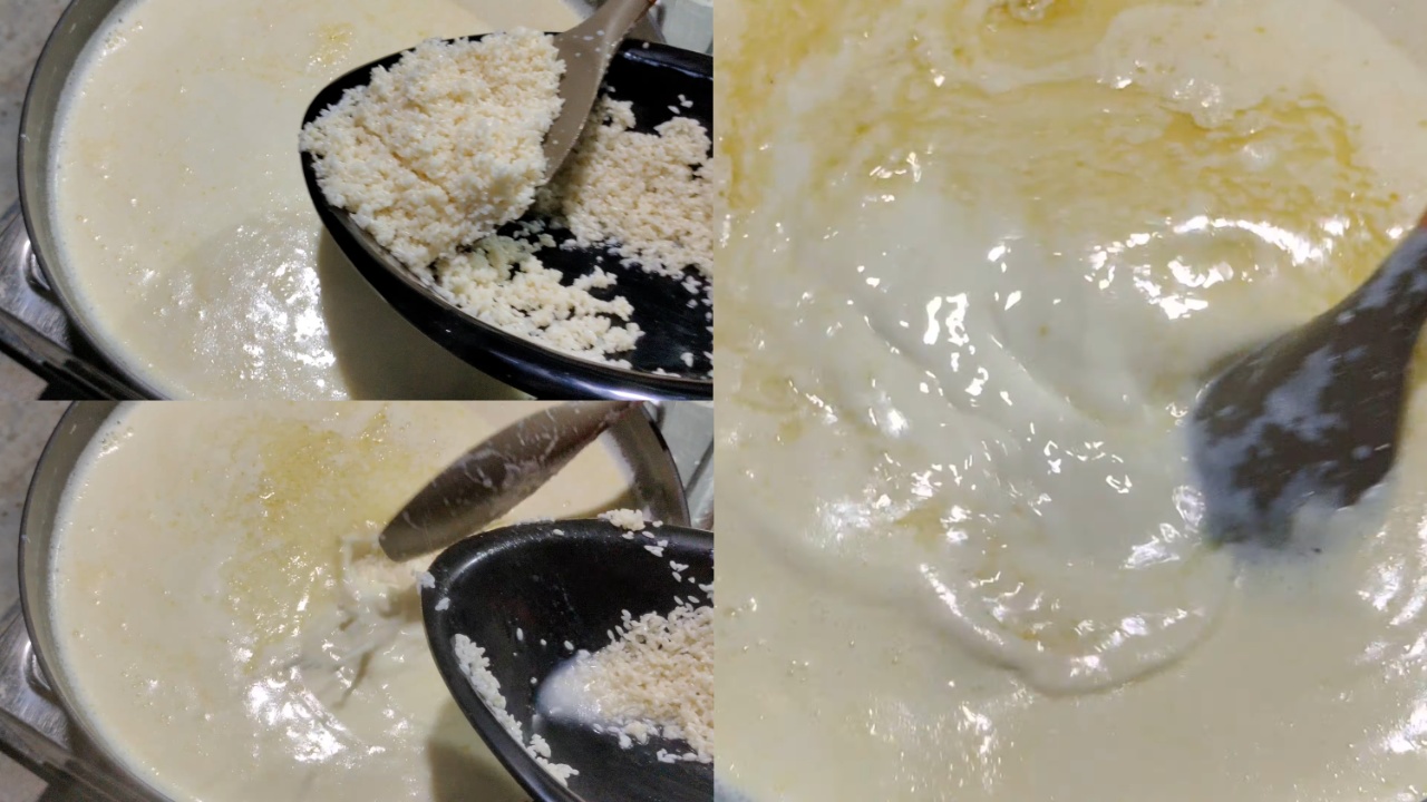 Adding the rice to the simmering milk and stirring