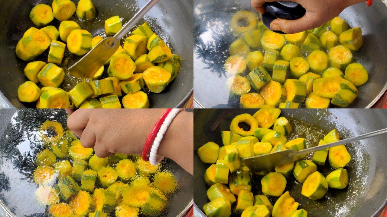 Frying pointed gourd and closing lid