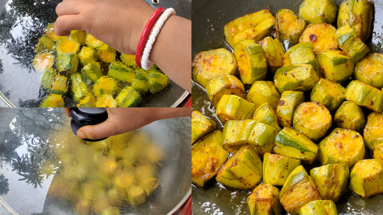 Taking out fried pointed gourds