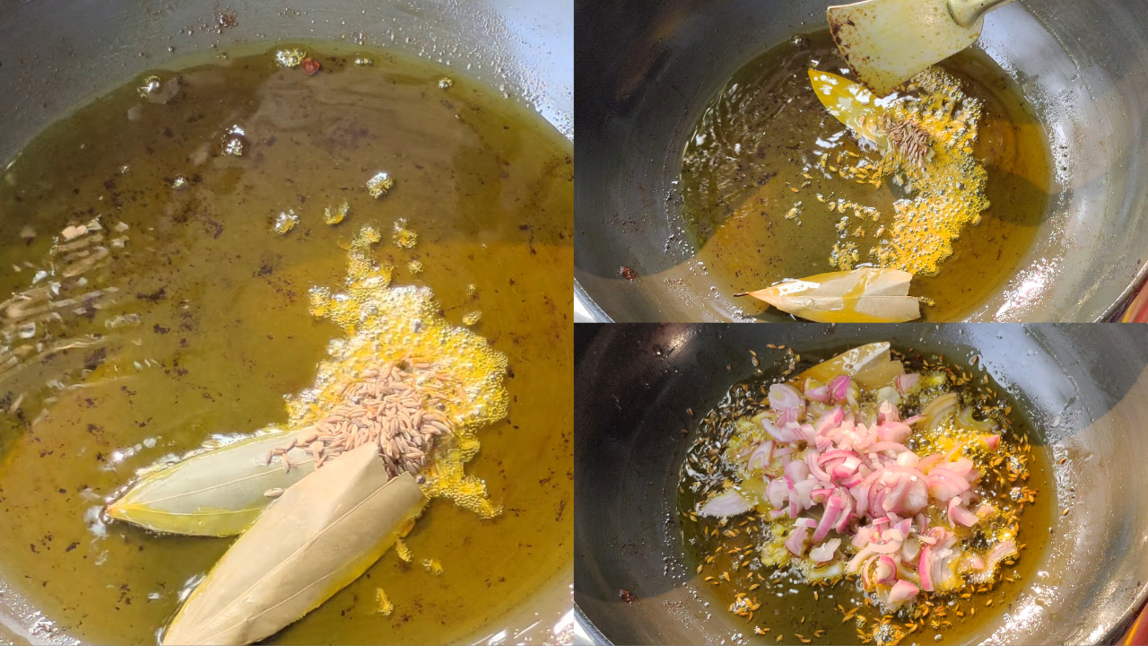 Adding bay leaves, cumin seeds, onions and sautéing