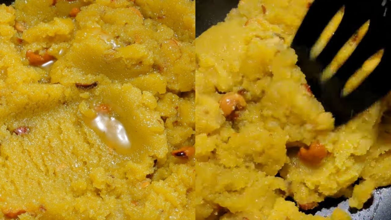 Adding ghee over the halwa and mixing