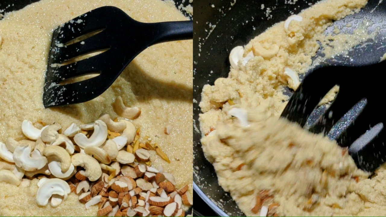 Adding the almonds, cashews, and pistachios and stirring