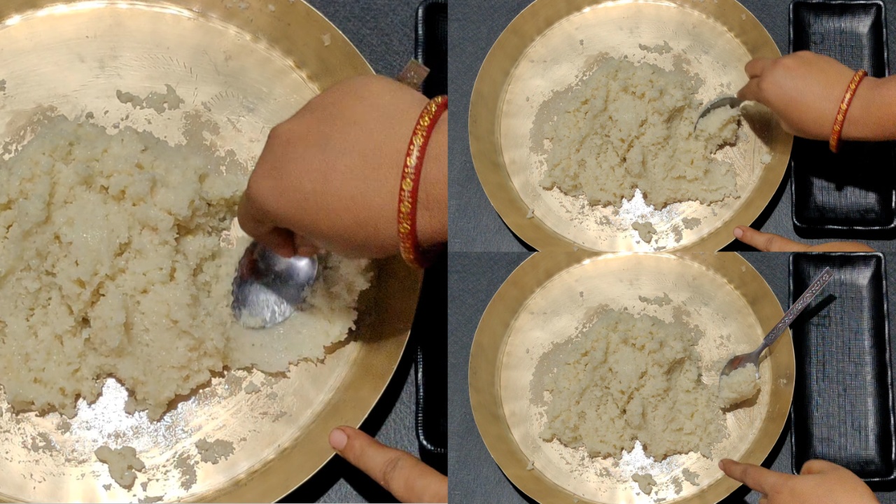 Smashing coconut mixture with a spoon