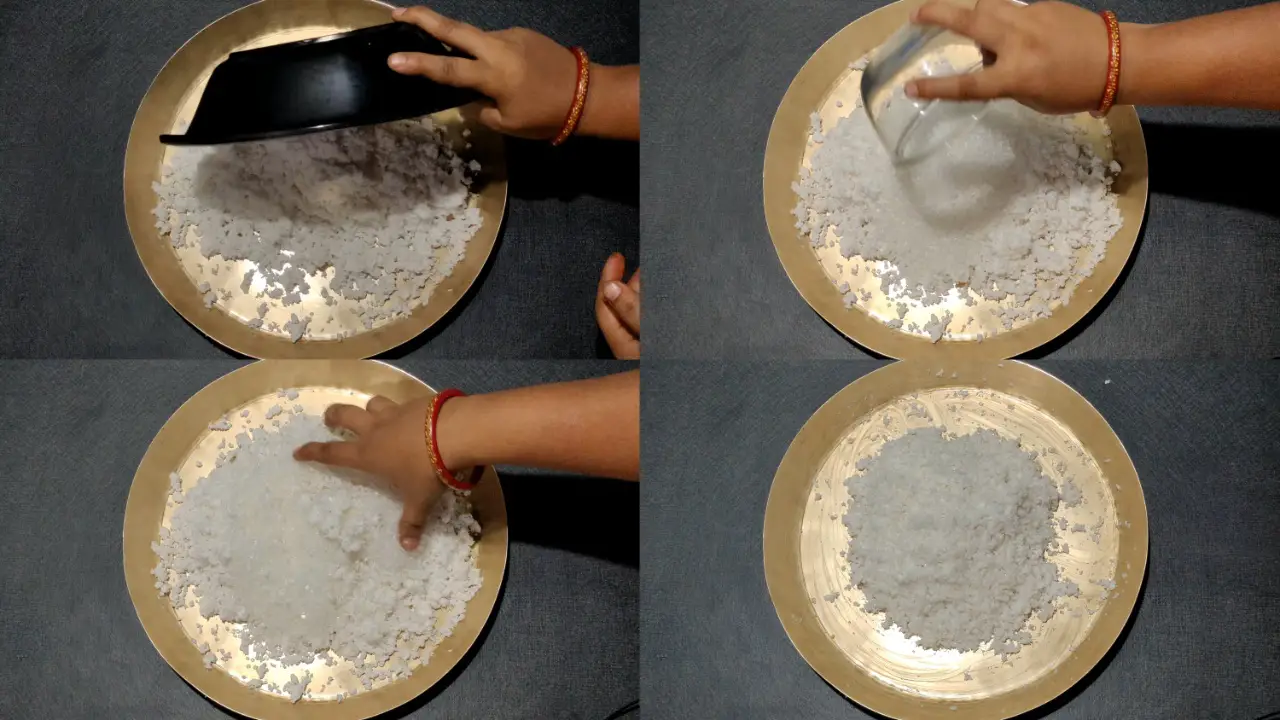 Mixing grated coconut with sugar