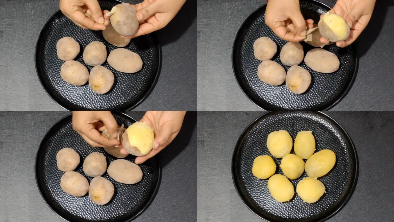 Peeling the boiled potatoes