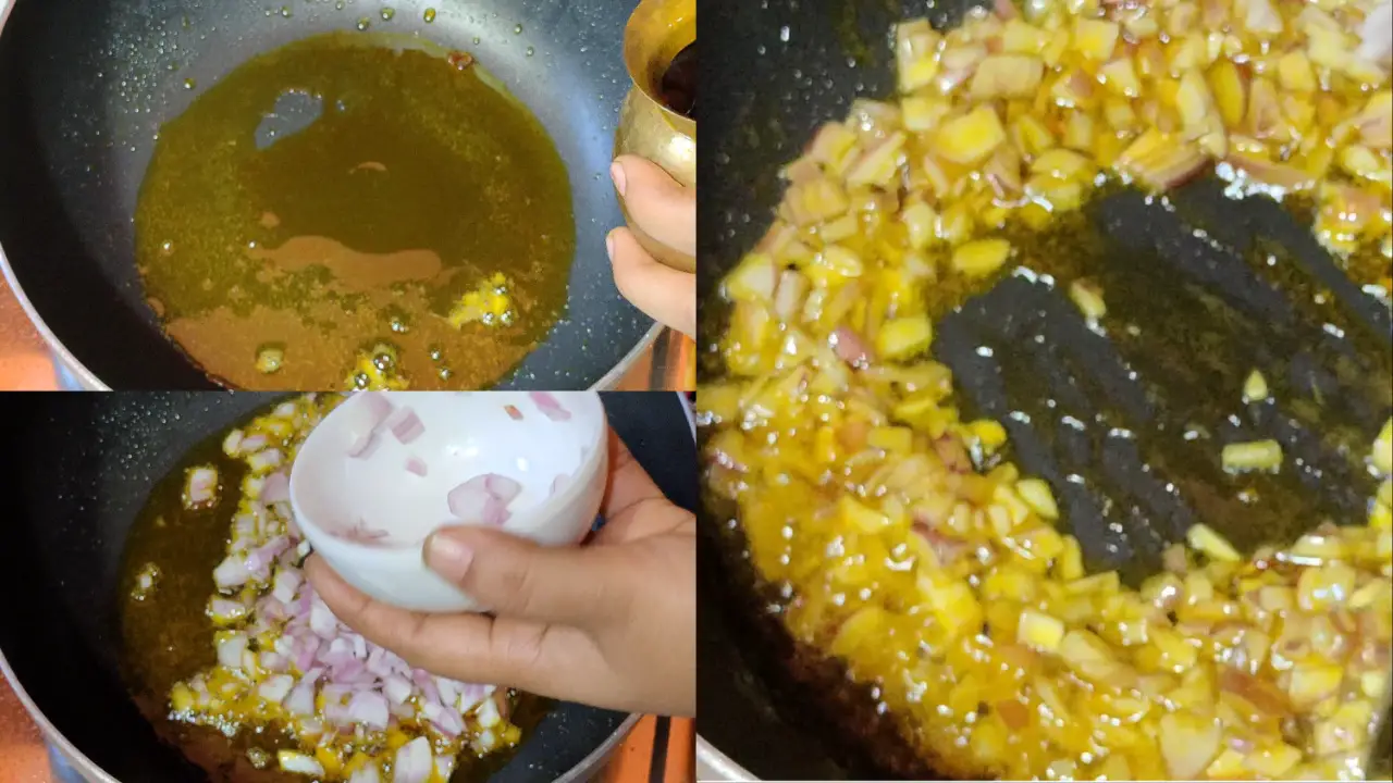 Adding more oil, chopped onions and stirring