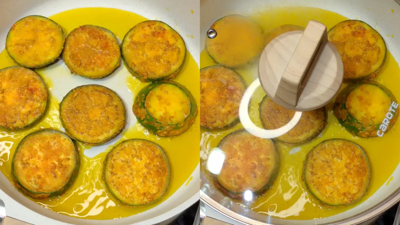 Adding all the eggplants one by one into the pan