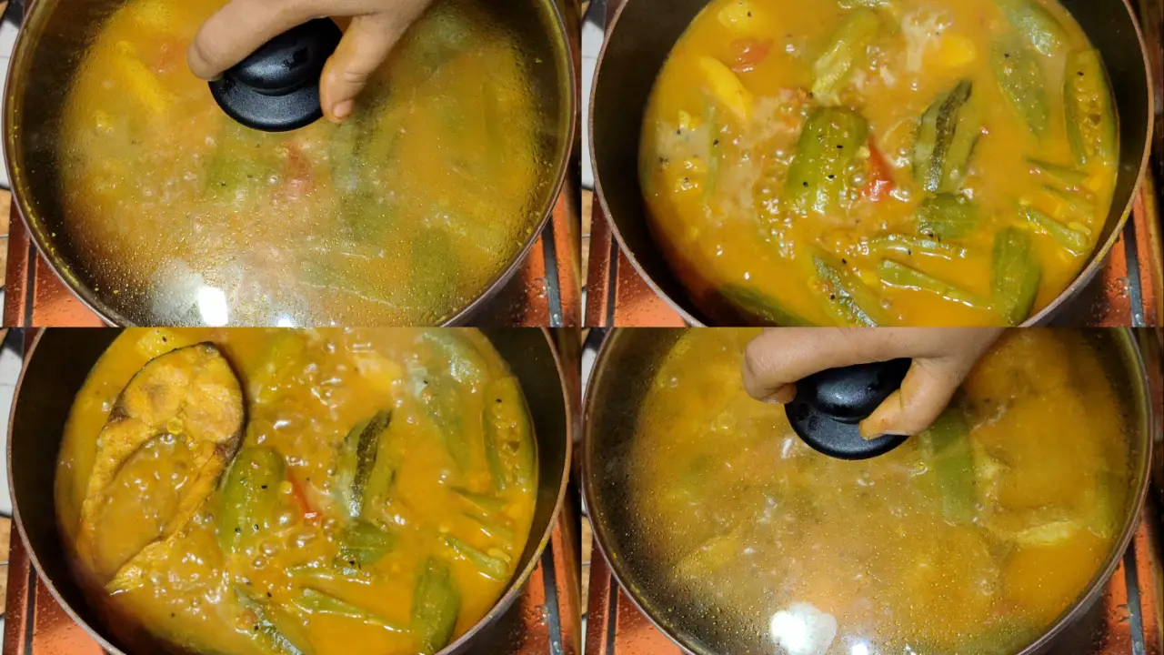 Adding fried fish to the gravy and cooking