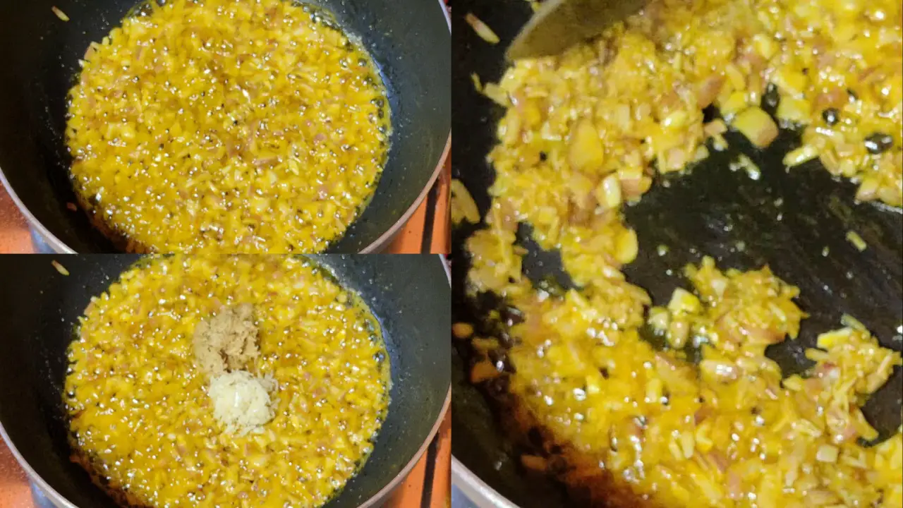 Adding the grated ginger and garlic and stirring