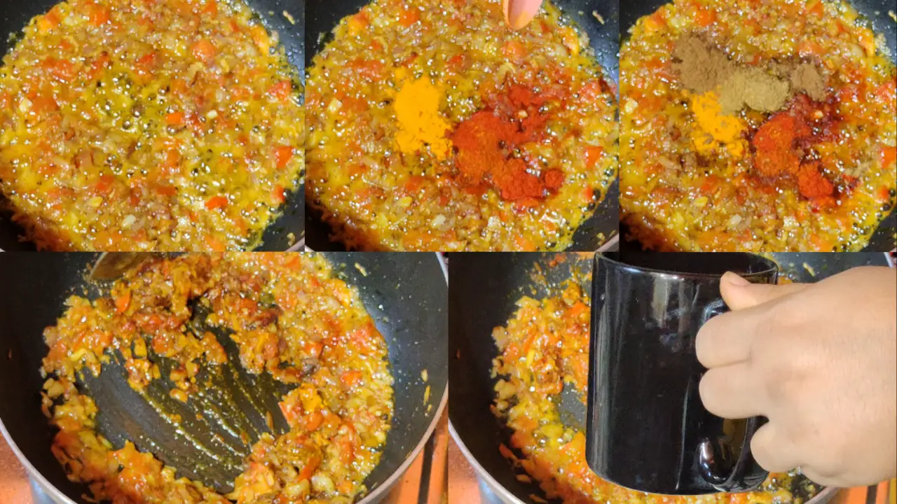 Adding coriander powder, cumin powder, turmeric powder, red chili powder, water and stirring